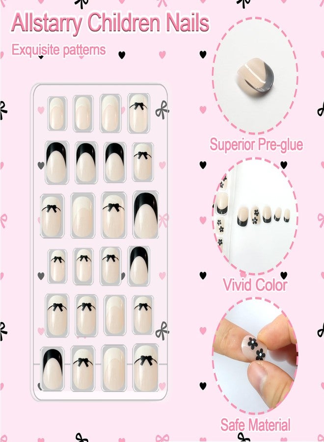 Allstarry 72pcs 3 pack Children Nails Press on Pre-glue Full Cover Kids French Tip Press on Nails Short False Nail Kits Lovely Gift for Children Little Girls Nail Art Decoration - Romantic French - Image 2